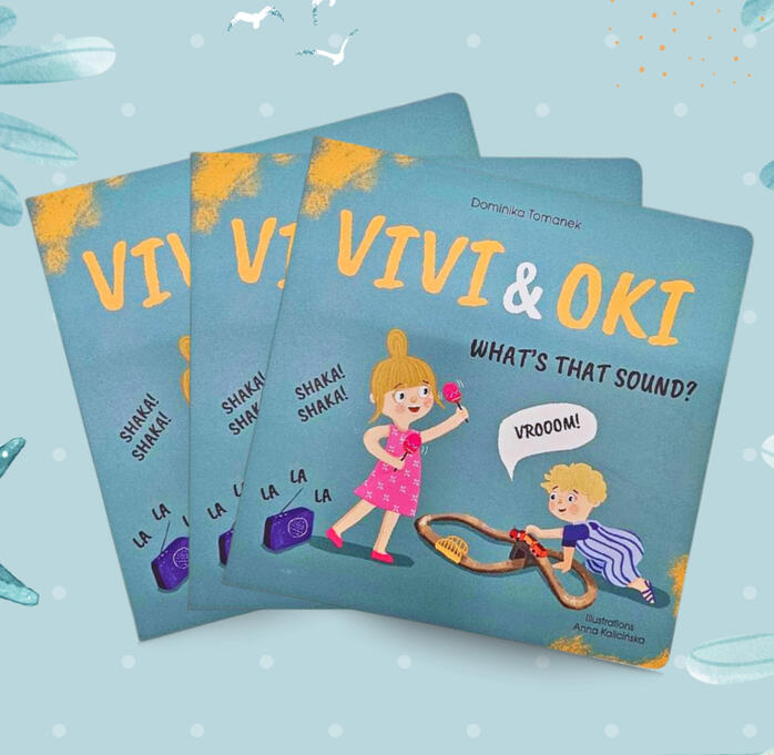 Ilustracja do książki „Vivi & Oki – What’s That Sound?” – nowoczesny styl dla dzieci.