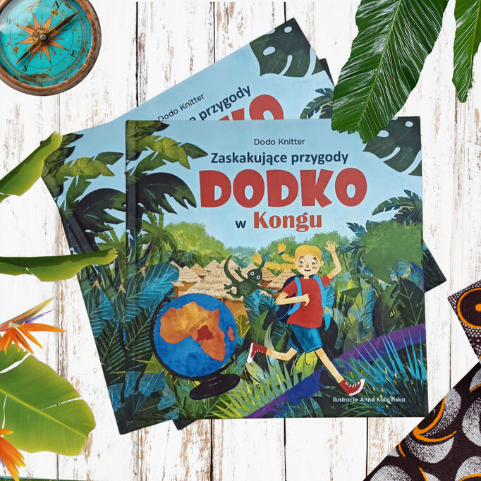 Ilustracja okładki książki „Zaskakujące przygody Dodko w Kongu”, autorstwa Anny Kalicińskiej – styl narracyjny i kolorowy.
